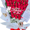 Bouquet of red roses wrapped in white paper with a red ribbon