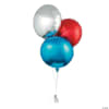 Three metallic balloons in silver, red, and blue tied together