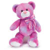 Pink plush teddy bear with a striped ribbon bow