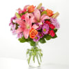 Pink lilies, orange roses, and purple daisies in a glass vase