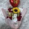 Bouquet of red roses with a sunflower, chocolate box, and heart balloon