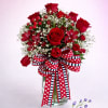 12 red roses, red alstroemeria, red berries and babies breathe 