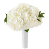 White hydrangea bouquet with green leaves and a wrapped handle