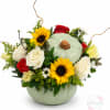Pumpkin-shaped vase with roses and sunflowers