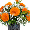 Orange marigold arrangement with white baby's breath in a black vase
