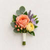 Small bouquet with peach and yellow roses and purple accents