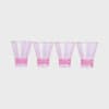 Four translucent pink plastic cups on a white background
