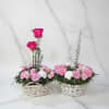 Each basket showcases beautiful pink roses and pink carnations, accented with touches