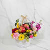 The combination of fresh fruits and flowers. Fresh apple, pears, green grapes