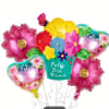 Bright oversized flower and heart foil balloons in lively pinks, sunny yellow