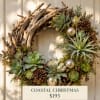 Succulent wreath with pinecones and silver ornaments on a door