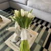 A compact hand-tied bouquet of white tulips tied in white satin ribbon-fresh
