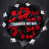 Red and black rose bouquet with Halloween ghost accents and a "FOREVER MY BOO" ribbon