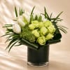 A refined modern arrangement featuring soft green roses, crisp white tulips, elegant