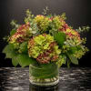 Lush clusters of green, pink, and muted purple hydrangeas form a full