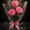 Three large pink roses take center stage in this compact hand-tied bouquet