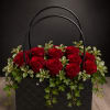 A dense cluster of deep red roses packed tightly into a black