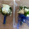 Two white rose boutonnieres in clear plastic cases with blue ribbon