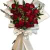 24 beautiful red roses with mixed greens arranged in a front view