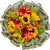 Bouquet of red roses, sunflowers, and orange alstroemeria in olive wrap