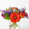 Orange gerbera daisies and roses in a clear glass vase with purple flowers