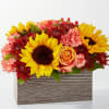 Sunflowers, roses, and red mums arranged in a striped wooden box