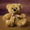Teddy bear with a ribbon bow sitting against a plain background