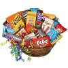 Basket filled with assorted candy bars and colorful curling ribbons