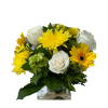 Yellow and white flower bouquet in a glass vase