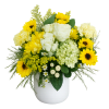 Yellows and white flowers arranged in white ceramic