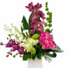 A sophisticated arrangement featuring rich burgundy orchids, vibrant pink roses, graceful white