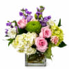 A charming arrangement of blush pink roses, white and green hydrangeas, lavender