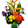 A vibrant floral arrangement featuring striking orange bird-of-paradise blooms, bright orange roses
