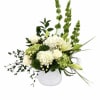 A graceful and elegant arrangement featuring white roses, hydrangeas, lilies, green bells