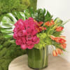 Bright pink roses, orange tulips and green hydrangea in a tall green