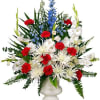 Acrylic Urn Container, Foliage: Sword Fern, Eucalyptus, Teepee, Blue Delphinium, White Gladiolus