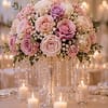 A rounded centerpiece of blush, pink, lavender and ivory roses creates the