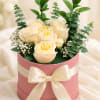 Cream roses in a pink hatbox with a satin bow
