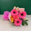 Pink gerbera bouquet with carnations and ribbon wrap