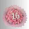 Pink rose bouquet with a white floral "16" topper