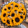 Bouquet of yellow sunflowers with white baby's breath in black wrap