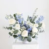 White roses and blue flowers arranged in a white vase