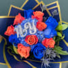 Bouquet of blue and orange roses with a jeweled "Nay" topper