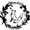Black fox silhouette inside a floral wreath with text above and below