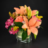 Peach lilies and pink flowers arranged in a square glass vase