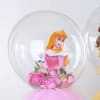 Clear balloon with a princess cutout and pink roses on a pink base