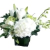 White floral arrangement in a dark square vase