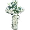 White floral cross arrangement with lilies and roses