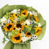Bouquet of sunflowers, white daisies, and green hydrangeas wrapped in green paper
