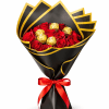 Bouquet of red roses with gold-wrapped chocolates in black and gold paper